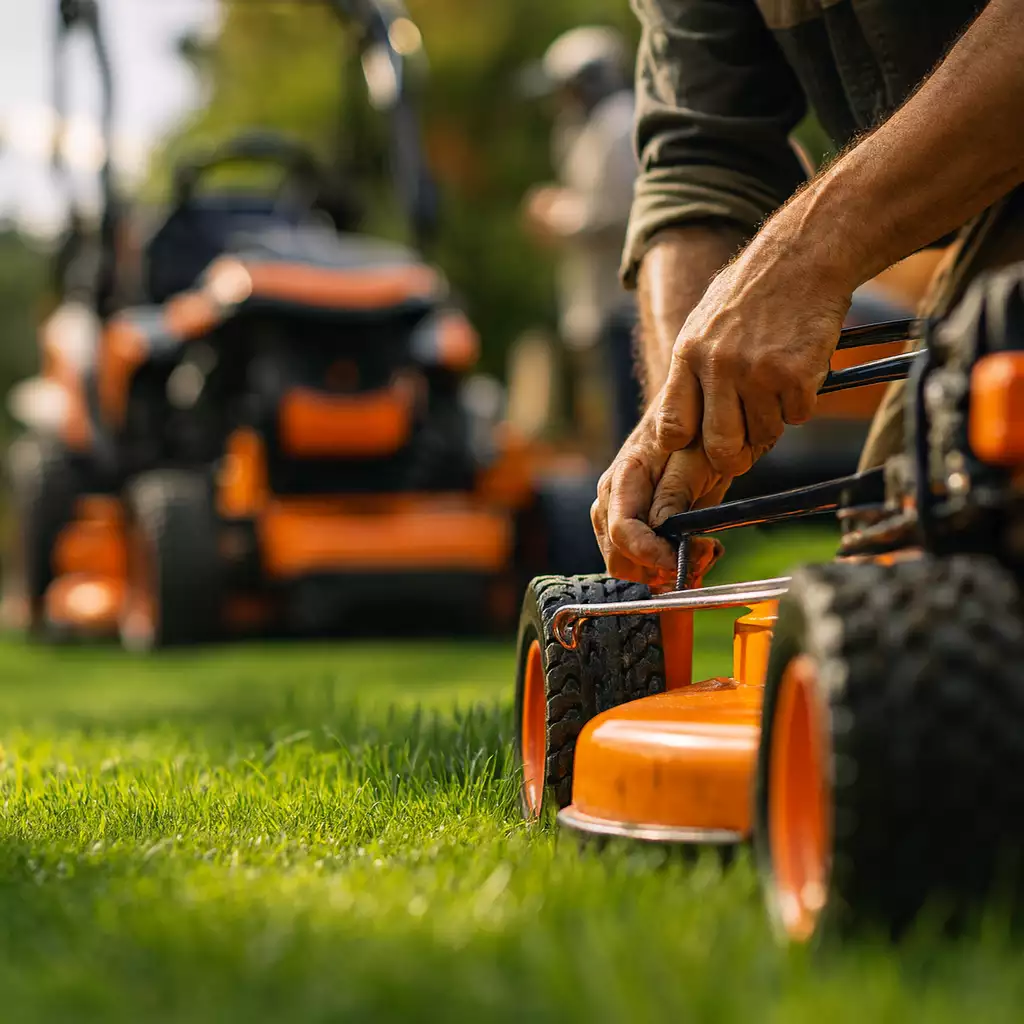 Close-up of a technician adjusting the height lever on an orange walk-behind lawn mower in a green New Hampshire yard, with zero-turn mowers in the background