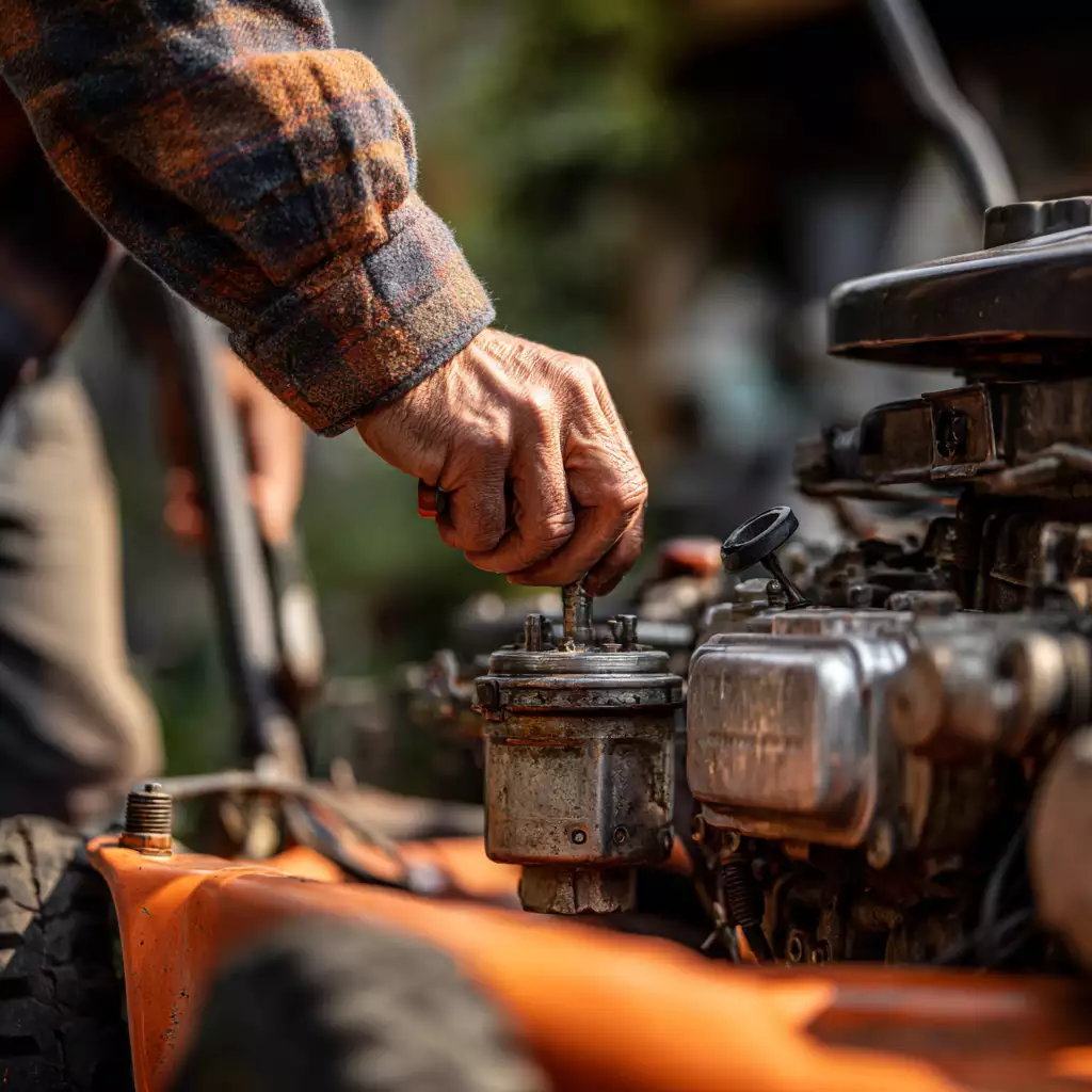 Close-up of a New Hampshire homeowner’s hand performing fall maintenance on an orange lawn mower engine before winter storage
