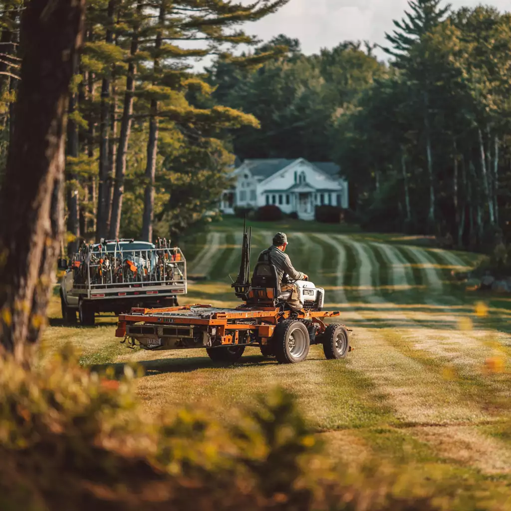 Landscaper riding a zero turn mower across a large New Hampshire lawn with a truck and trailer carrying tools parked nearby