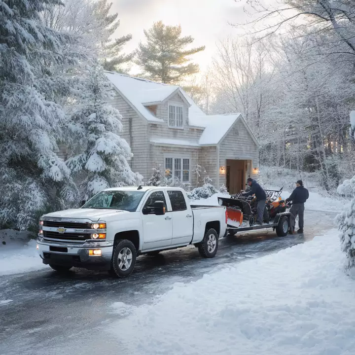Pickup truck in a snowy New Hampshire driveway with two technicians loading a snow blower onto a trailer in front of a residential home