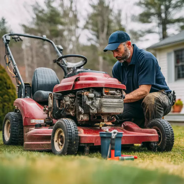 Technician in New Hampshire repairing a red riding lawn mower in a residential yard, wearing a navy cap and work shirt