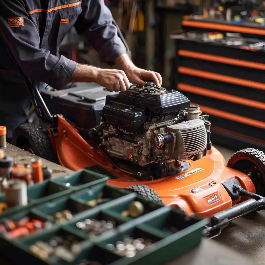 Seacoast Power Equipment technician repairing a commercial mower engine in the shop with organized parts and tools visible in the background