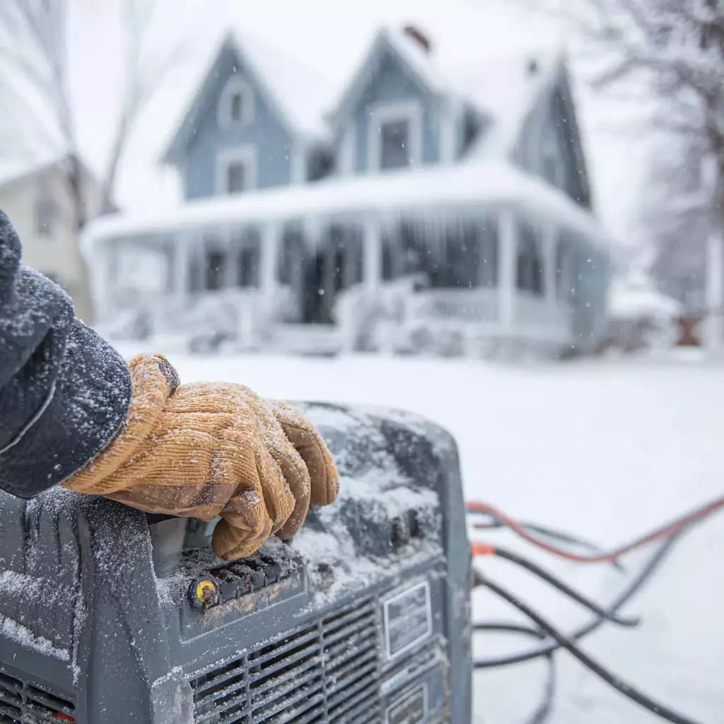 Close-up of a gloved hand starting a portable generator in front of a snow-covered New Hampshire home during winter.