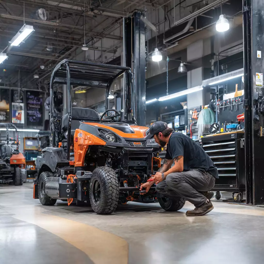 Skilled technician checking the front assembly of a commercial zero-turn mower inside a repair bay