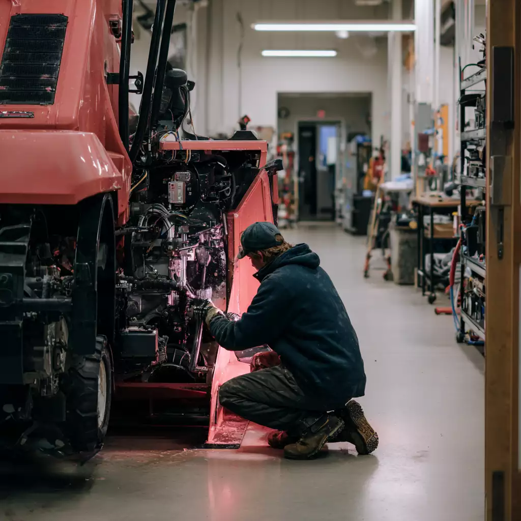 Technician kneeling in a service bay working on the engine of a large red snow blower inside Seacoast Power Equipment’s repair shop