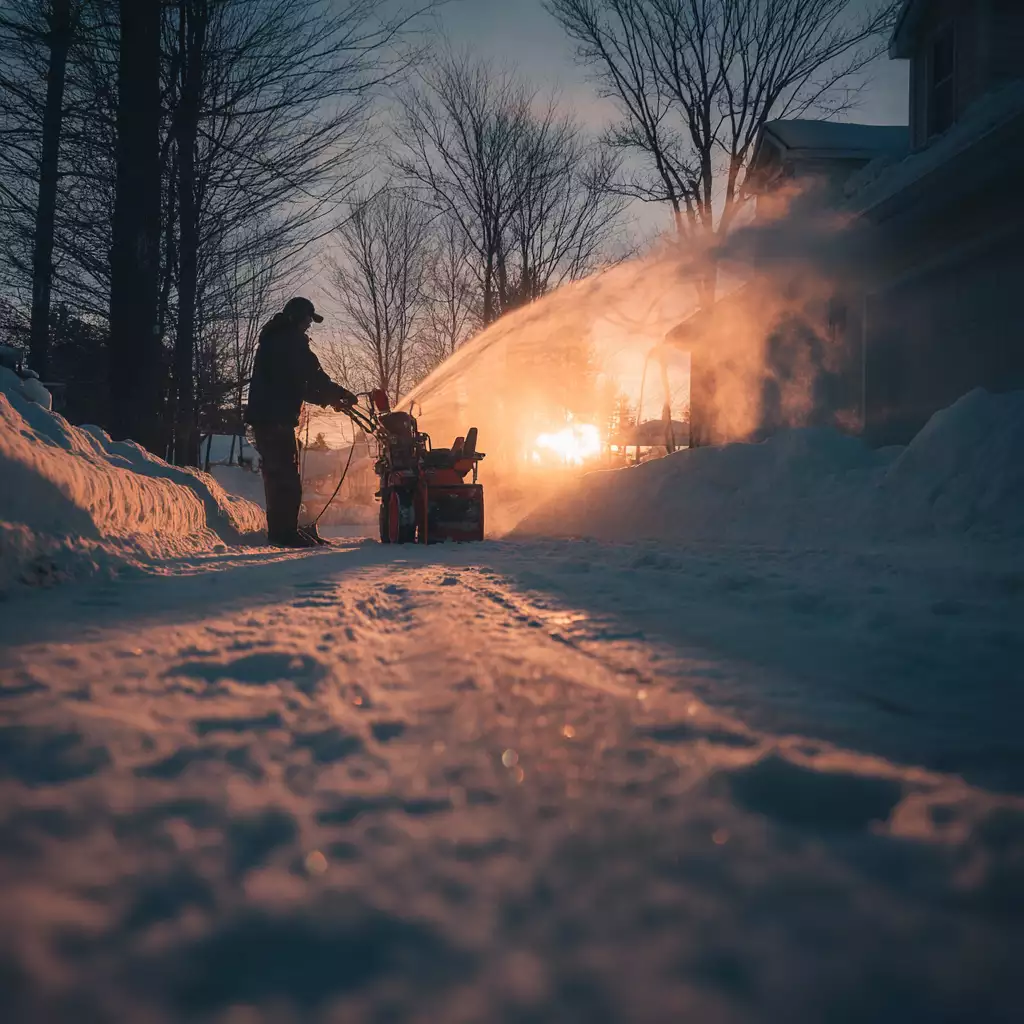 Homeowner using a two-stage snow blower at sunrise in a snowy New Hampshire driveway
