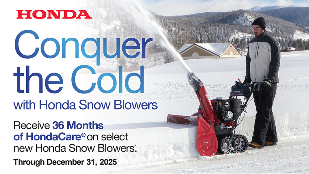 Man using a Honda snow blower in snowy mountains with text promoting HondaCare offer through Dec 31, 2025