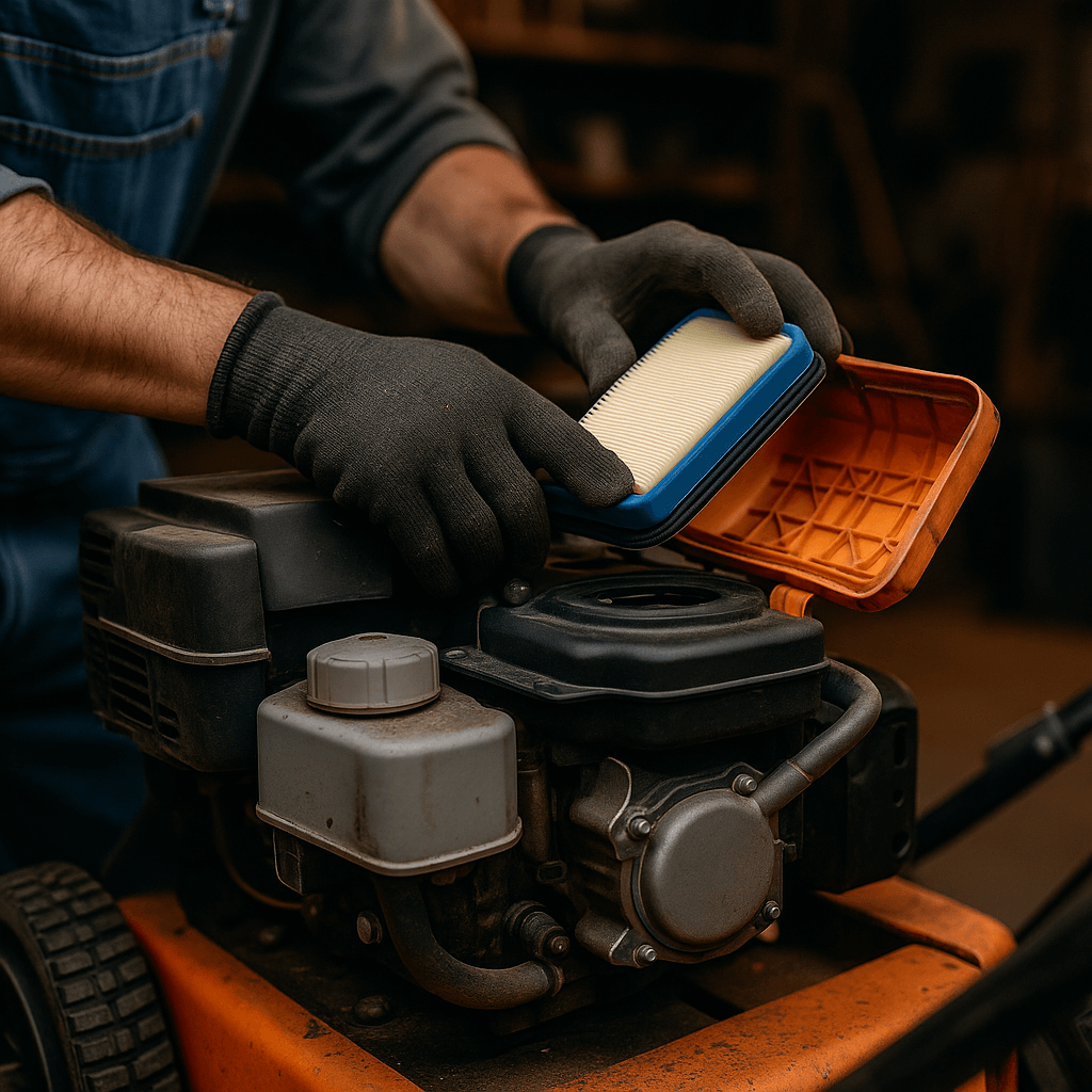 Technician replacing air filter on outdoor power equipment