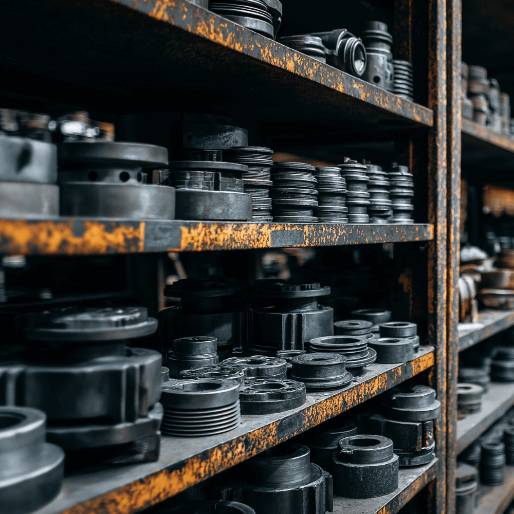 Shelves filled with organized outdoor power equipment parts