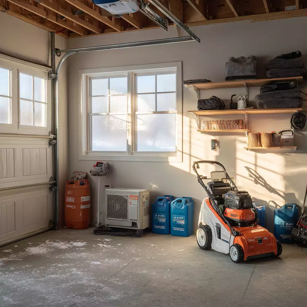 Organized New Hampshire garage with snow blower and generator spaced safely