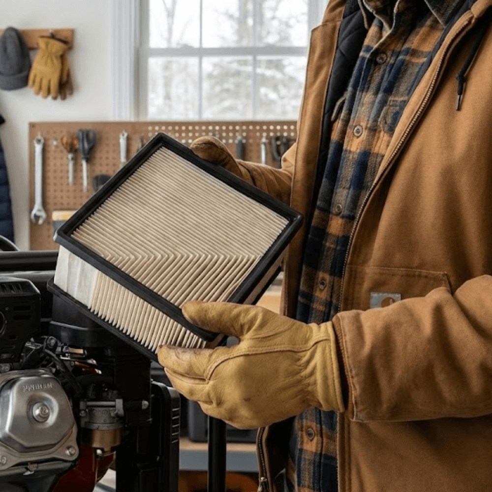 Technician checking a generator air filter in a workshop
