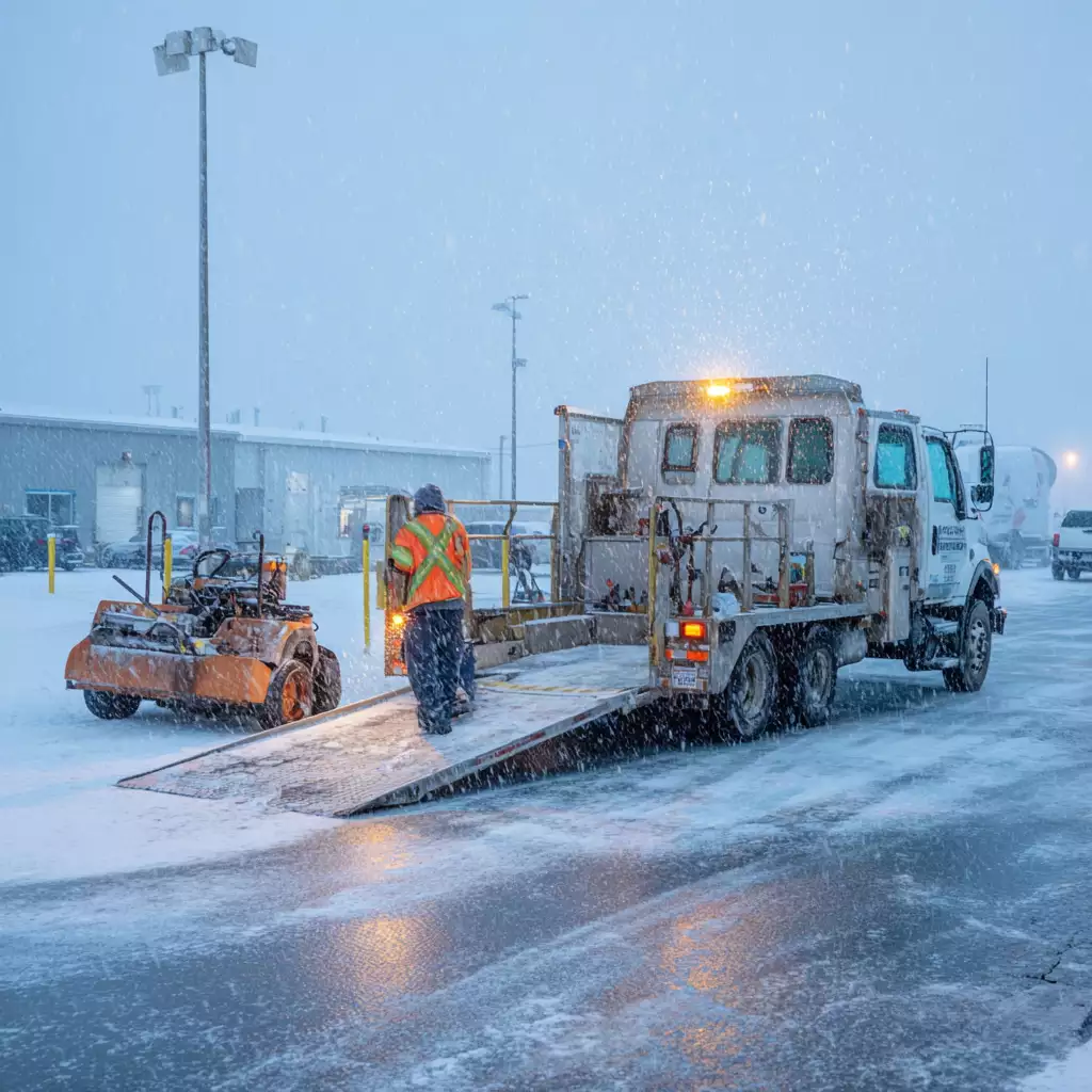Service truck loading a snowblower for repair during light snowfall