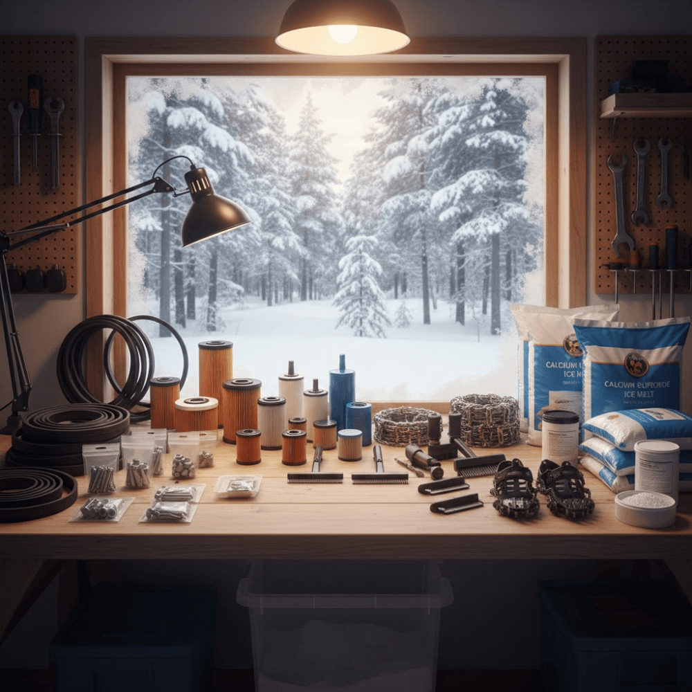 Organized snowblower parts and winter supplies prepared for early season planning