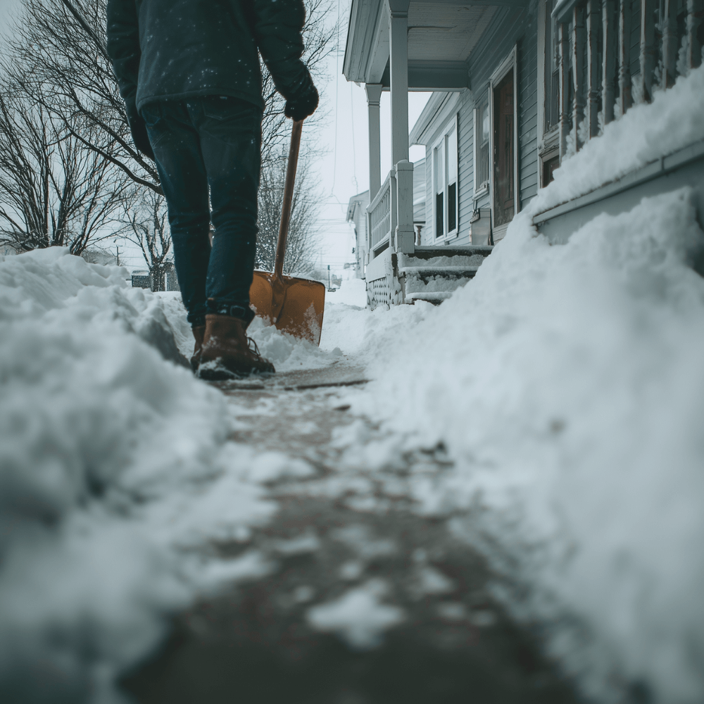 A homewoner shovels a snow covered walkway beside a home, clearing a narrow path through tall snowbanks while wearing winter boots and gloves on a cold winter day.