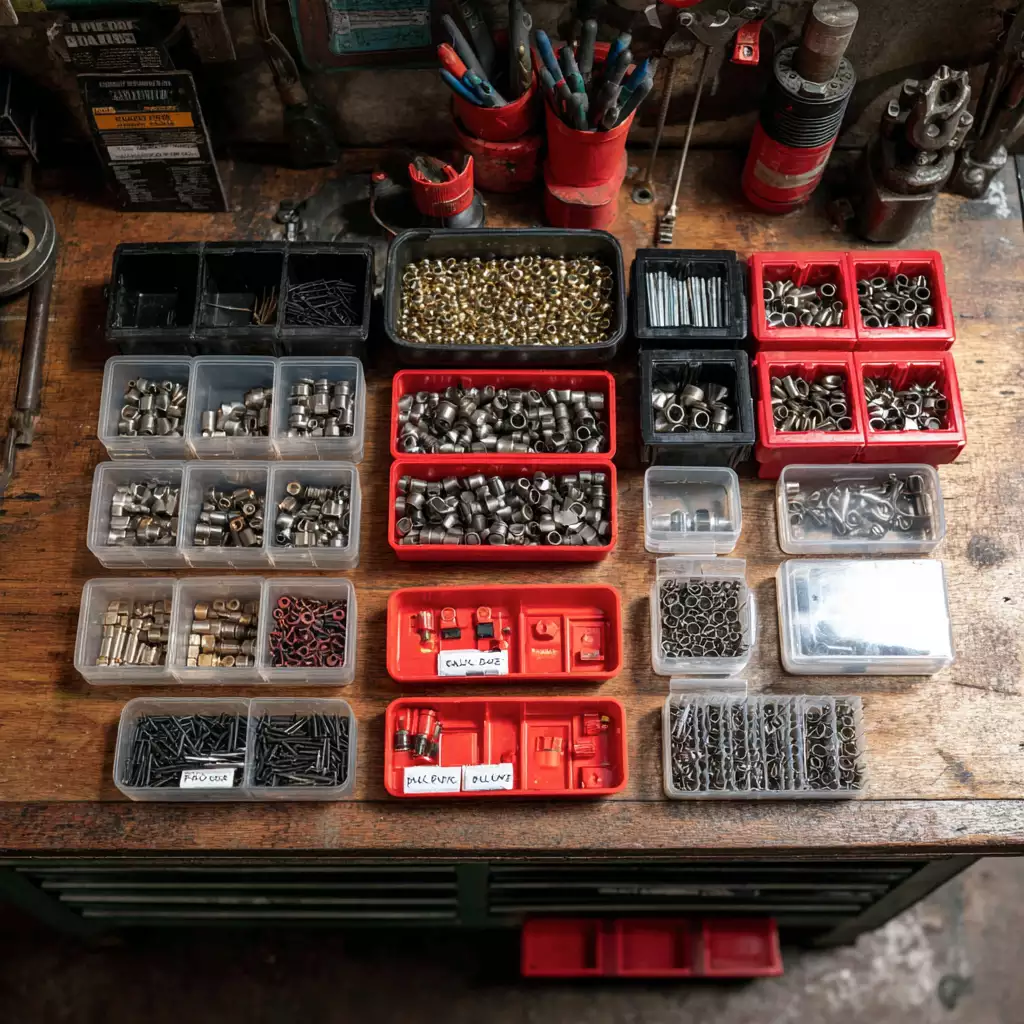 Labeled spare parts kit with belts, shear pins, filters, and plugs prepared for NH winter routes