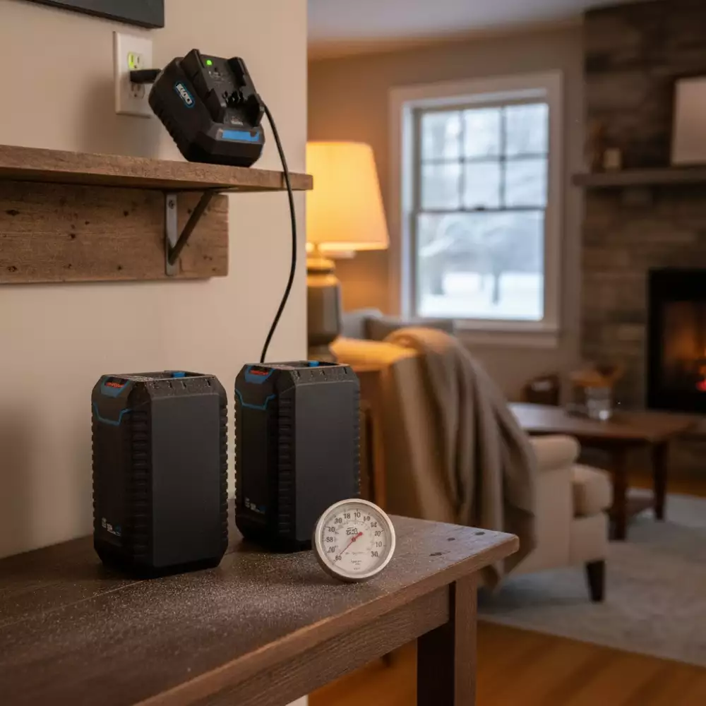 Warming battery packs indoors before charging