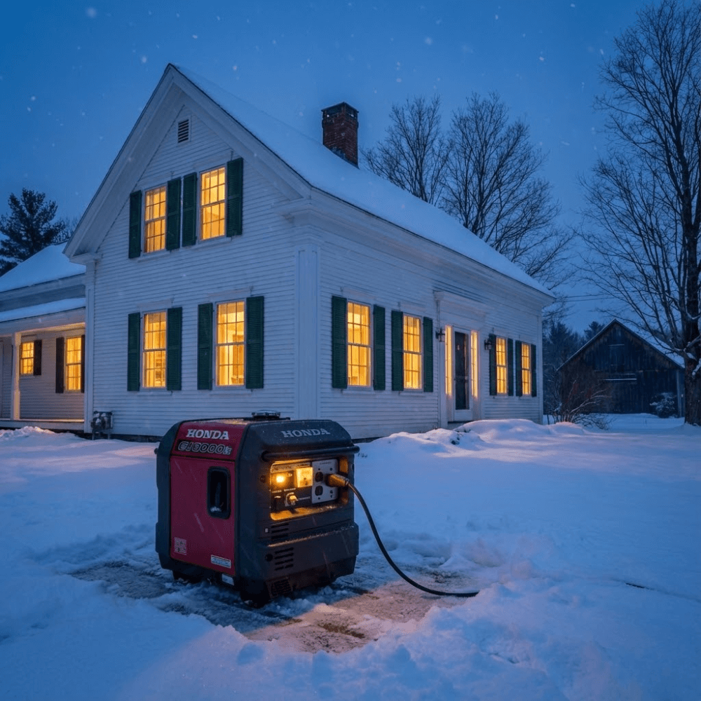 Generator running safely outside a New Hampshire home during a winter evening