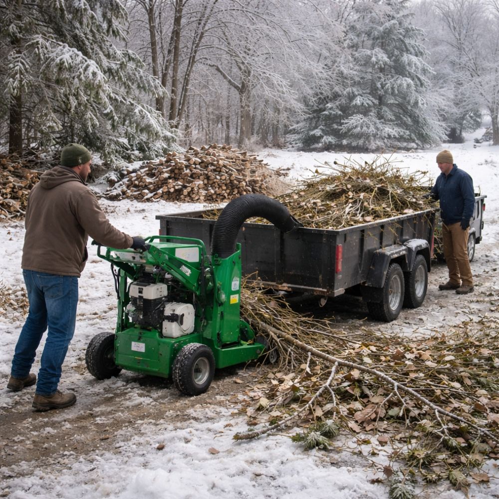 Debris loader moving storm branches into a trailer for high-volume cleanup