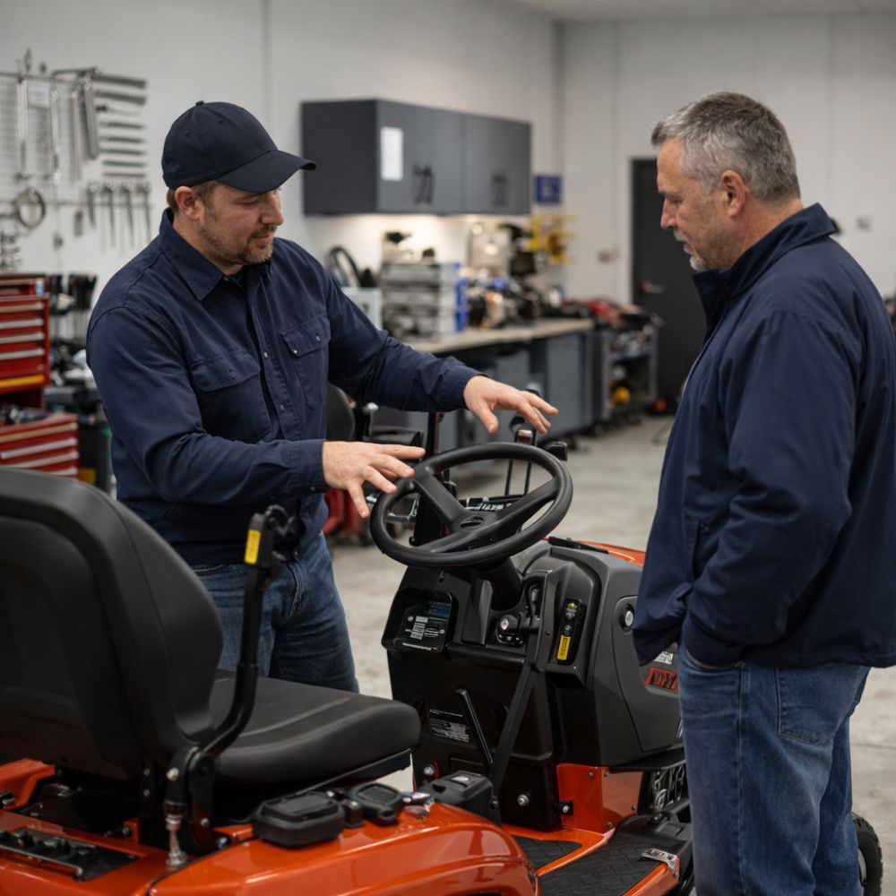 Homeowner reviewing mower controls with a technician in a New Hampshire service bay