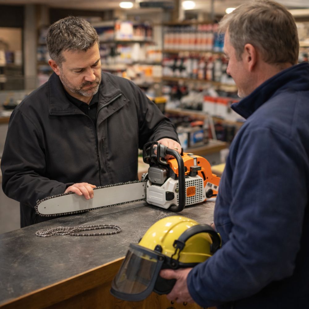 Technician checking chainsaw and safety gear after ice storm cleanup