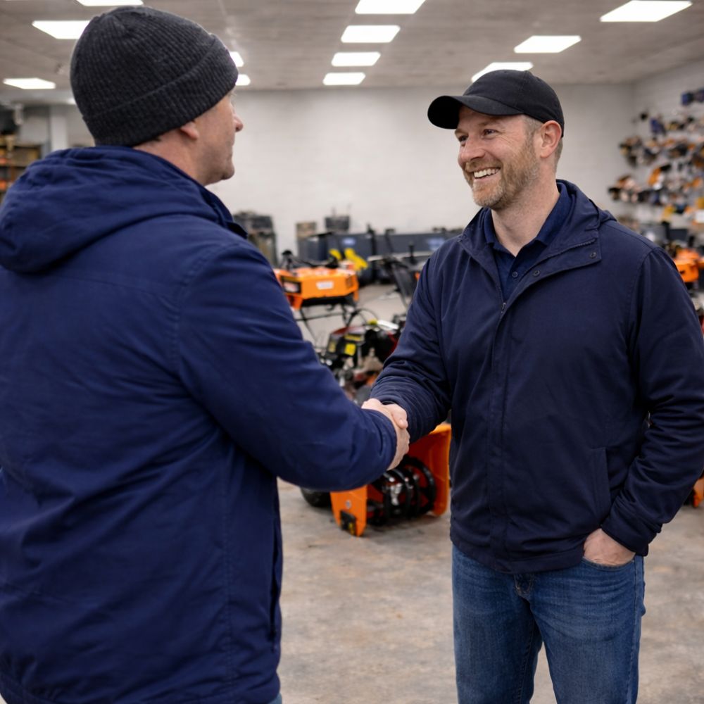 Customer and sales staff shaking hands inside a New Hampshire power equipment showroom with snow blowers in the background