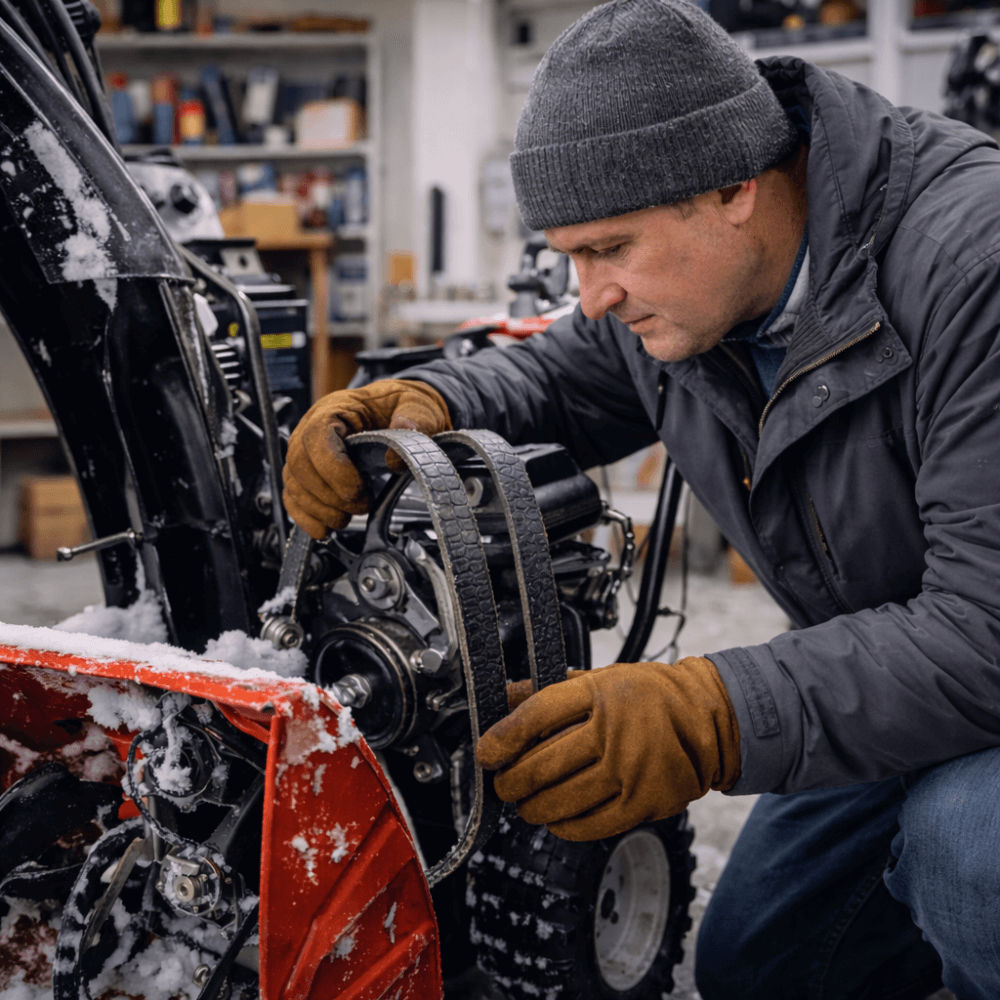 Snow blower damage signs including auger wear, belt issues, and frozen chute controls