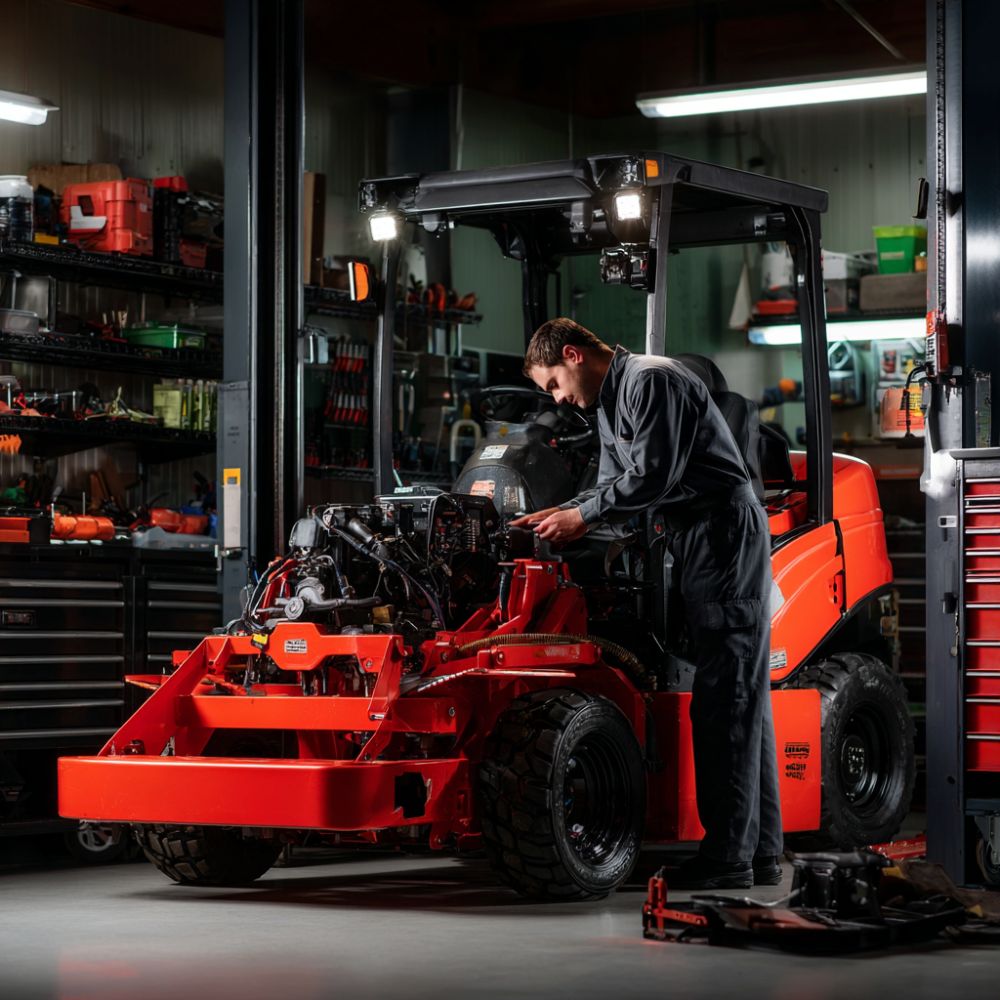 Factory-trained technician performing spring maintenance service on commercial zero-turn mower at New Hampshire power equipment dealer