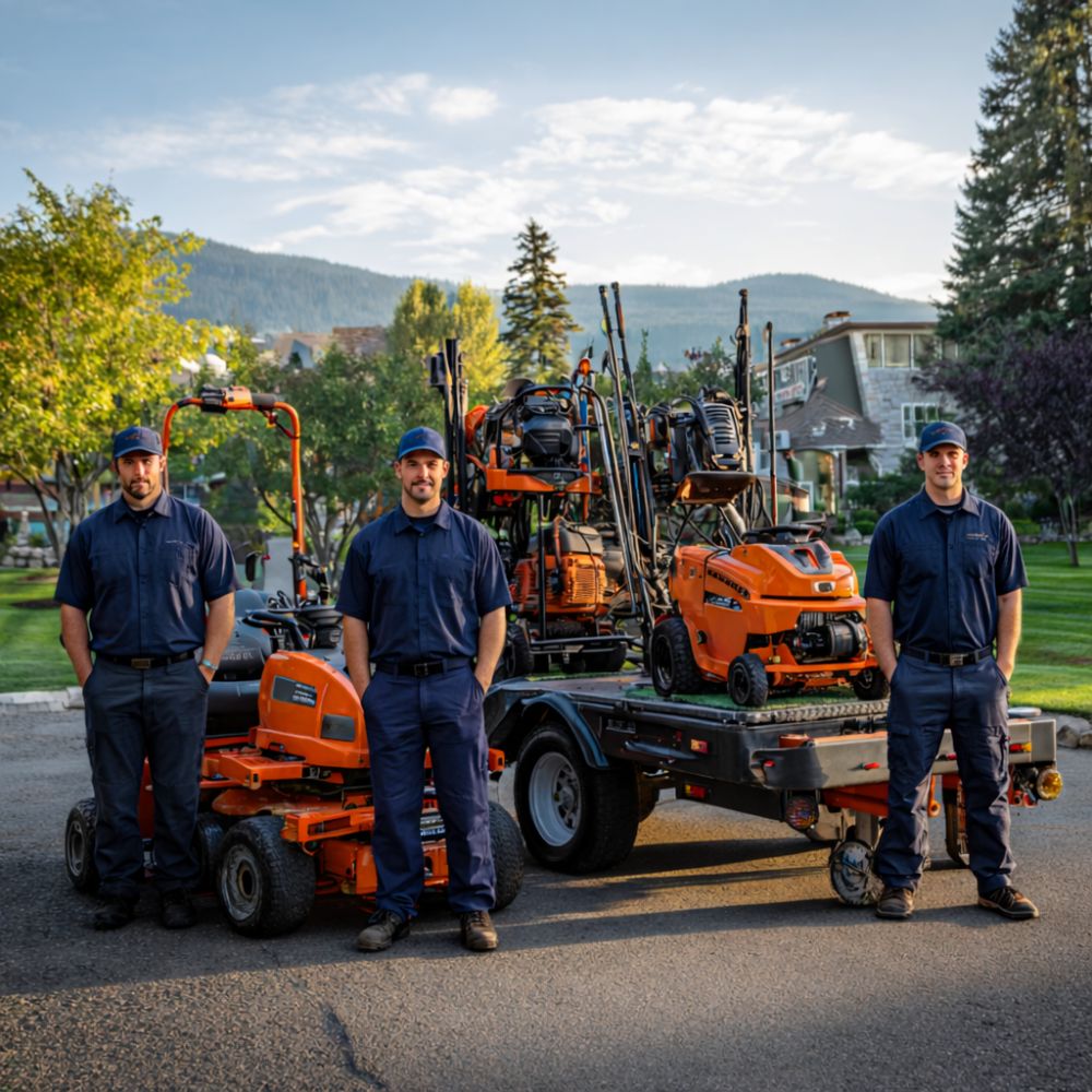 Professional landscaping crew with fully prepared commercial equipment ready for profitable spring season operations in New Hampshire