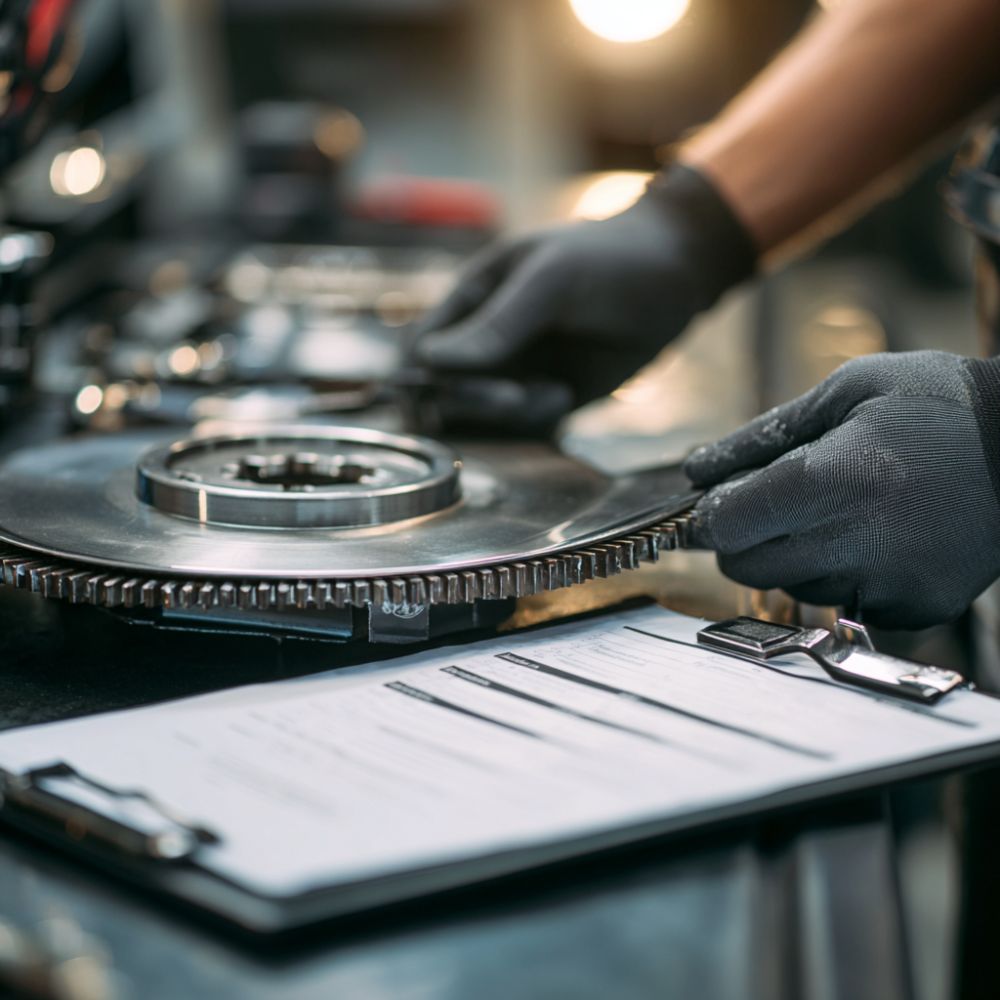 Close-up of technician inspecting lawn mower blade and deck during spring maintenance at New Hampshire service center