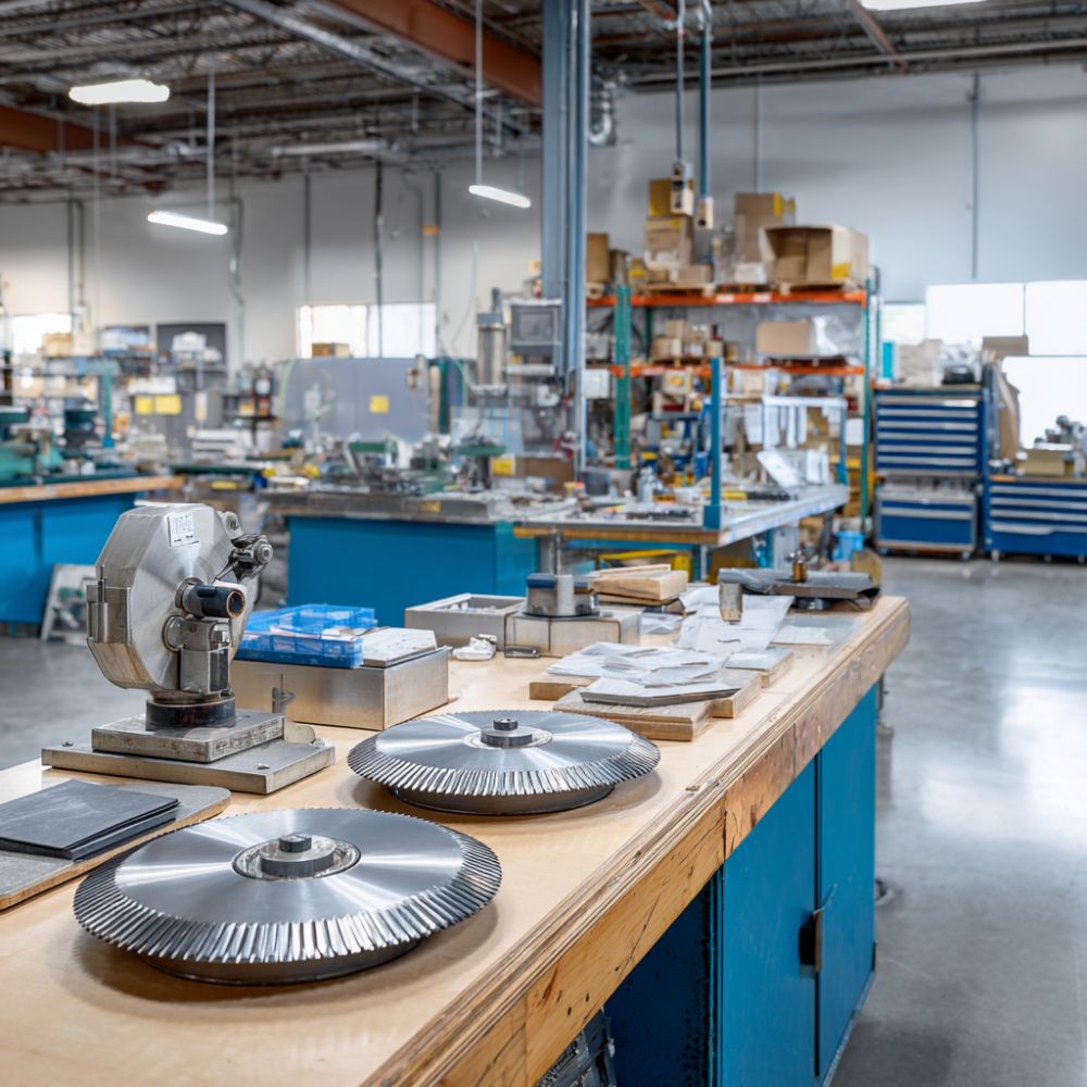 Professional blade grinding equipment and balanced mower blades at Seacoast Power Equipment service department in North Hampton NH