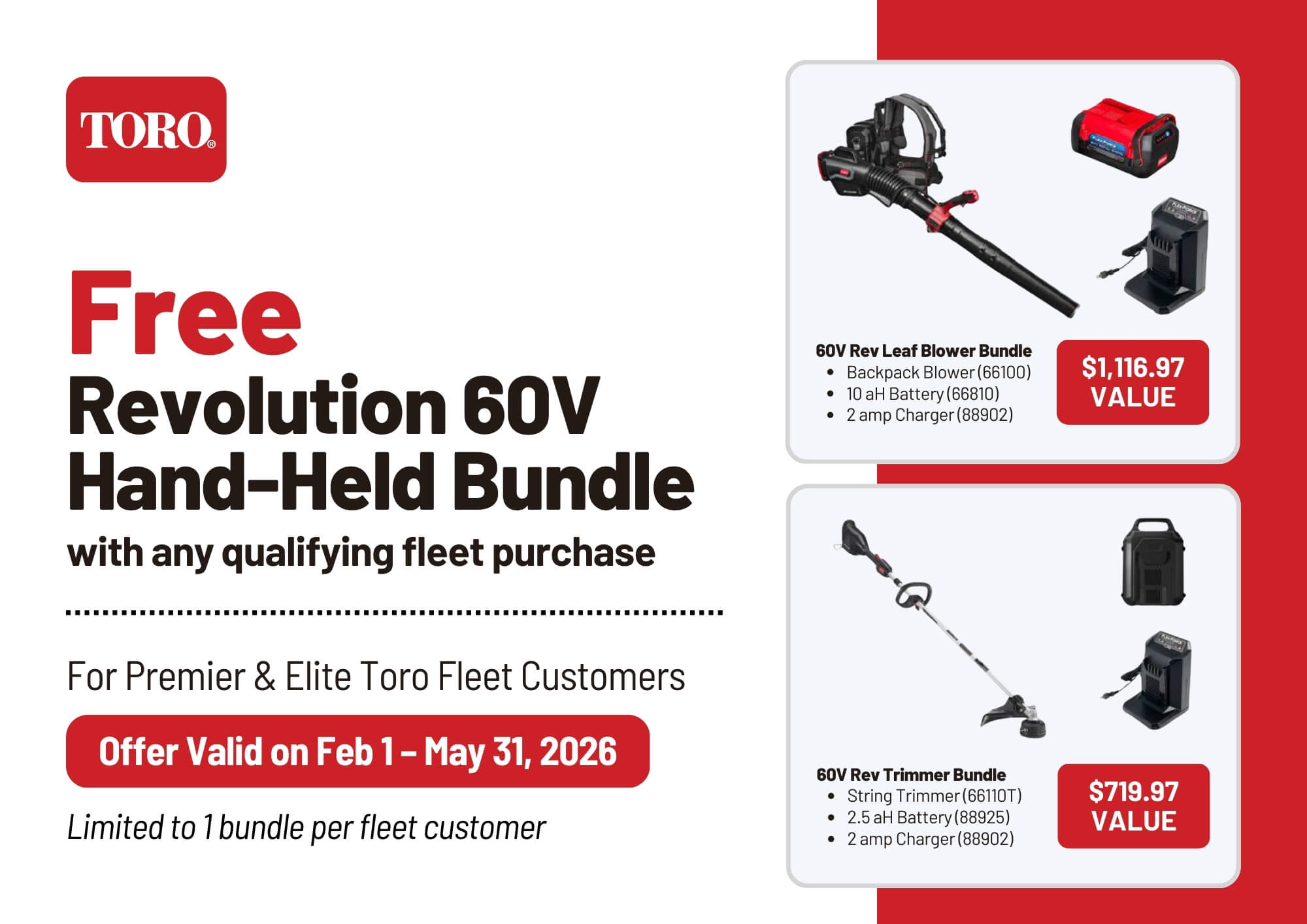 Promotional flyer for a Toro "Free Revolution 60V Hand-Held Bundle" for Premier & Elite Toro Fleet Customers