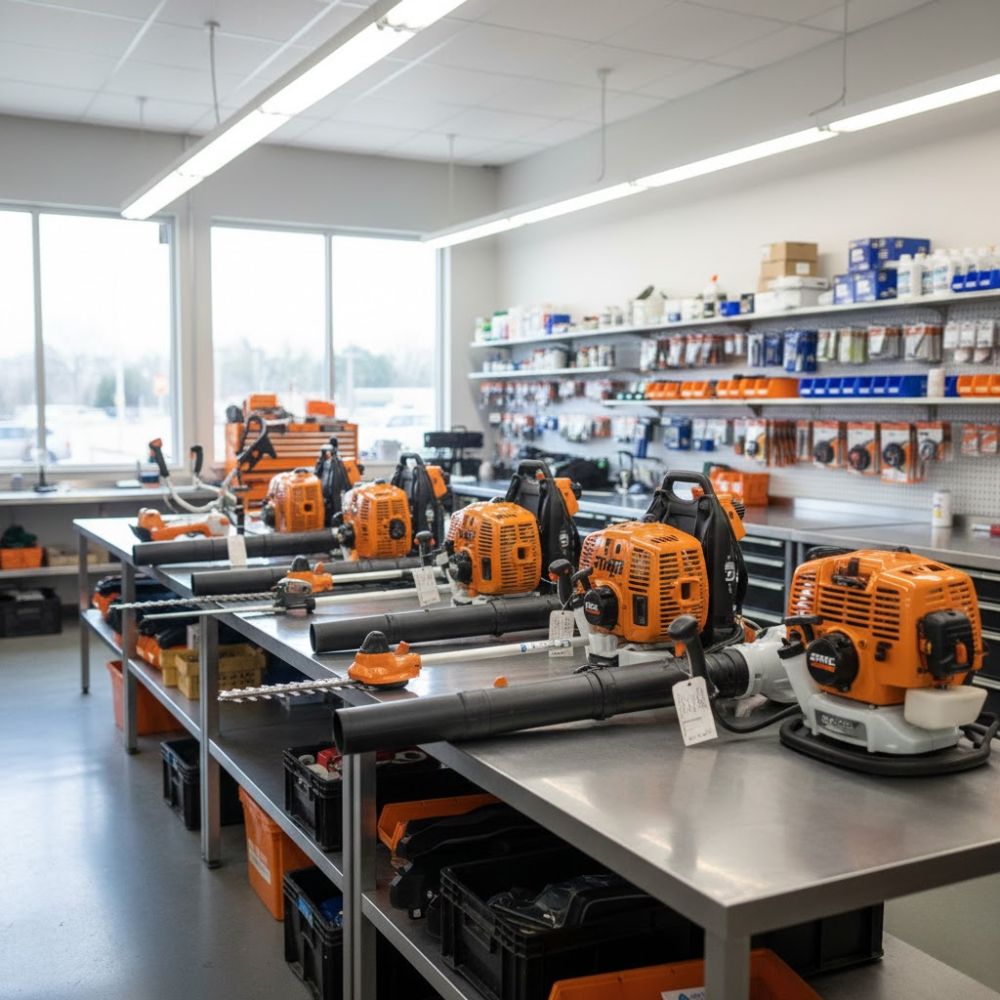 Multiple commercial-grade string trimmers, backpack blowers, and handheld equipment arranged for professional fleet service at Seacoast Power Equipment