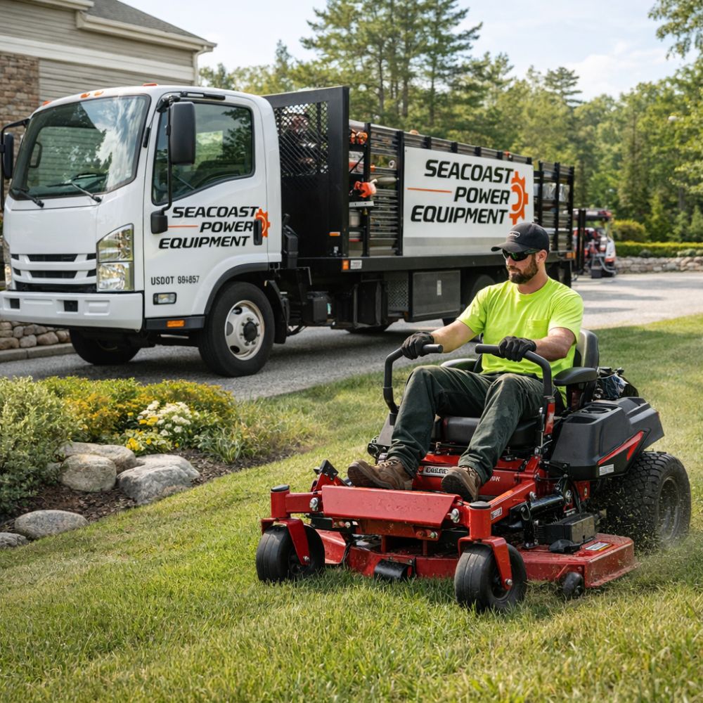 Professional landscaper testing commercial zero-turn mower on commercial property in New Hampshire seacoast region