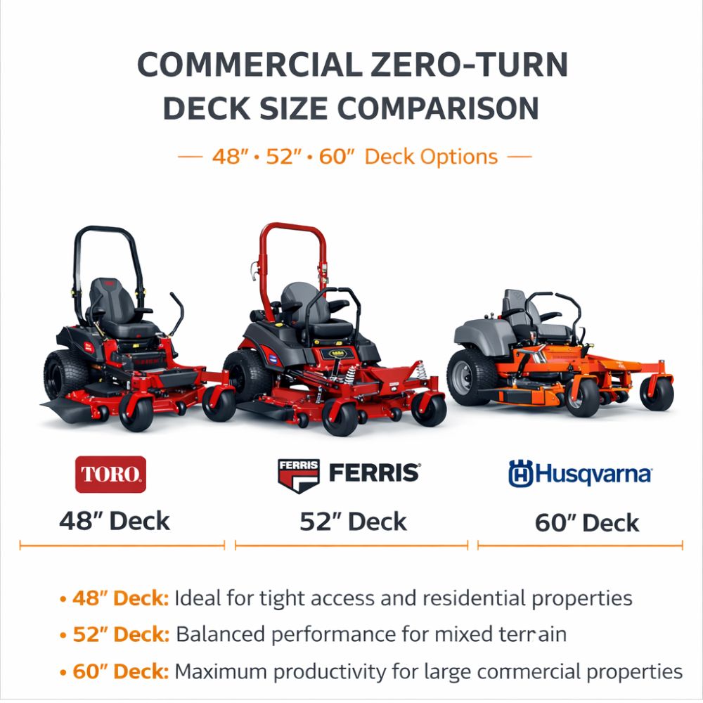 Commercial lawn mower deck size comparison showing different zero-turn models for various property types and sizes in New Hampshire