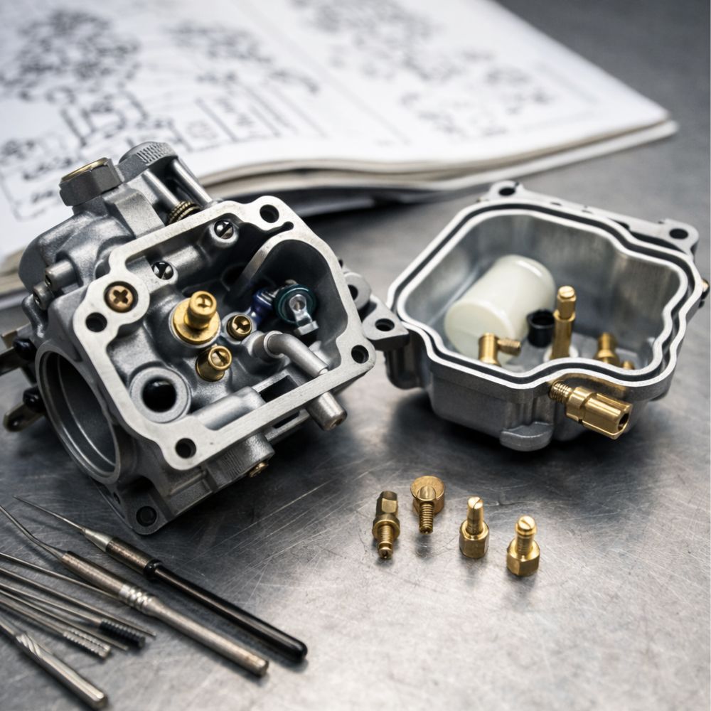 Close-up of generator carburetor disassembly and cleaning for fuel system service and starting problems