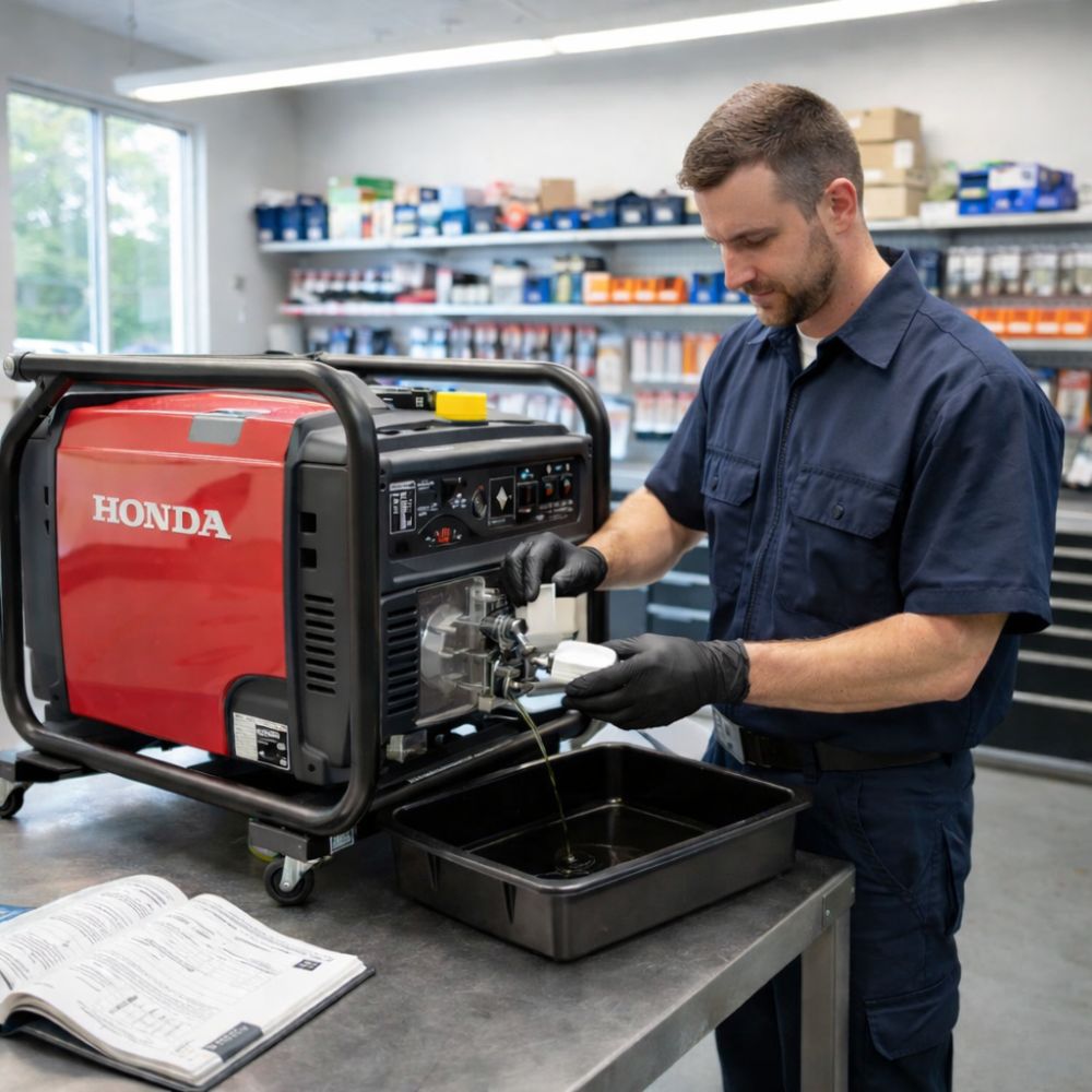 Factory-trained technician performing spring generator maintenance and oil change service at Seacoast Power Equipment in North Hampton NH