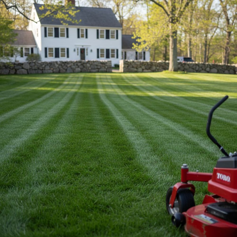 Freshly mowed New Hampshire seacoast lawn in early spring showing healthy grass cut to proper height with equipment