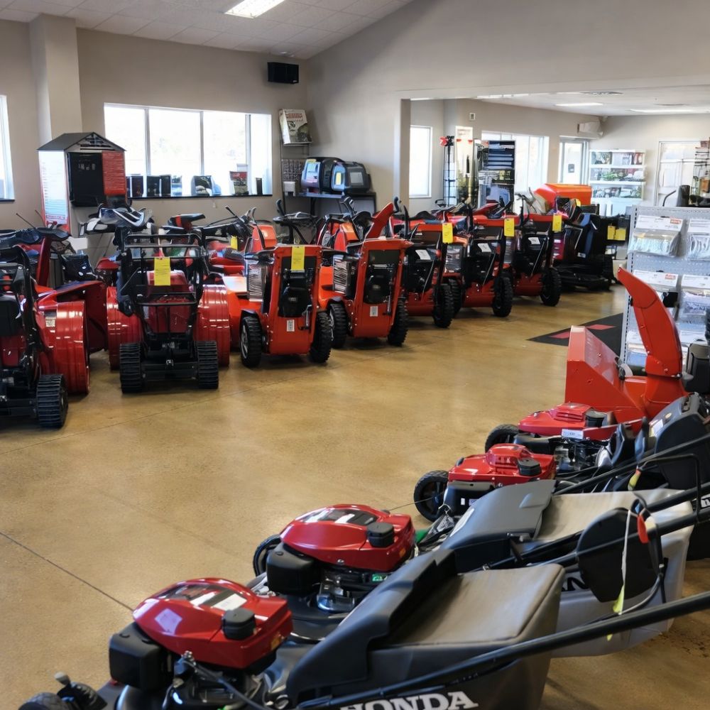 2026 lawn mower models on display at Seacoast Power Equipment showroom in North Hampton New Hampshire