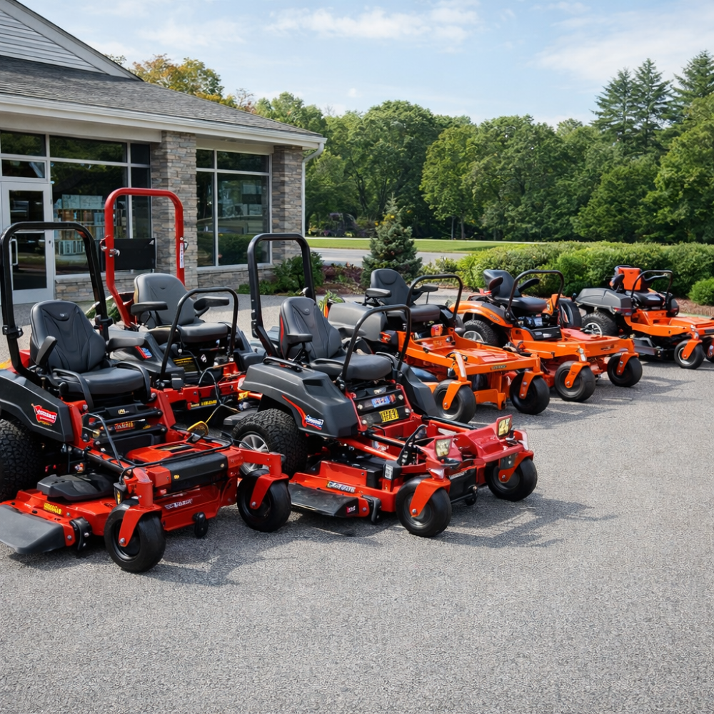 Commercial lawn care fleet of zero-turn mowers at Seacoast Power Equipment dealership in North Hampton New Hampshire