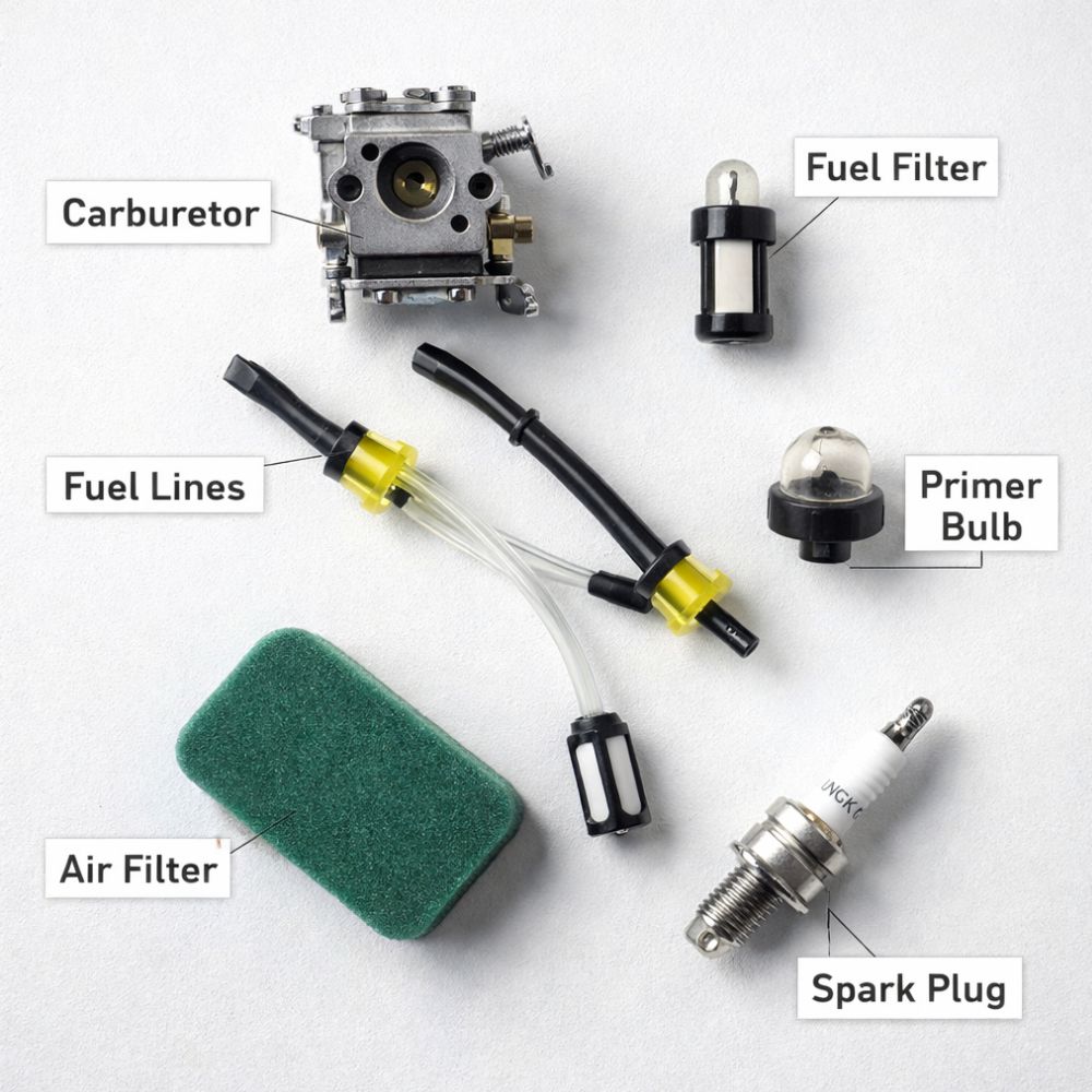 tring trimmer fuel system components, including carburetor, fuel filter, fuel lines, and primer bulb laid out for spring maintenance inspection