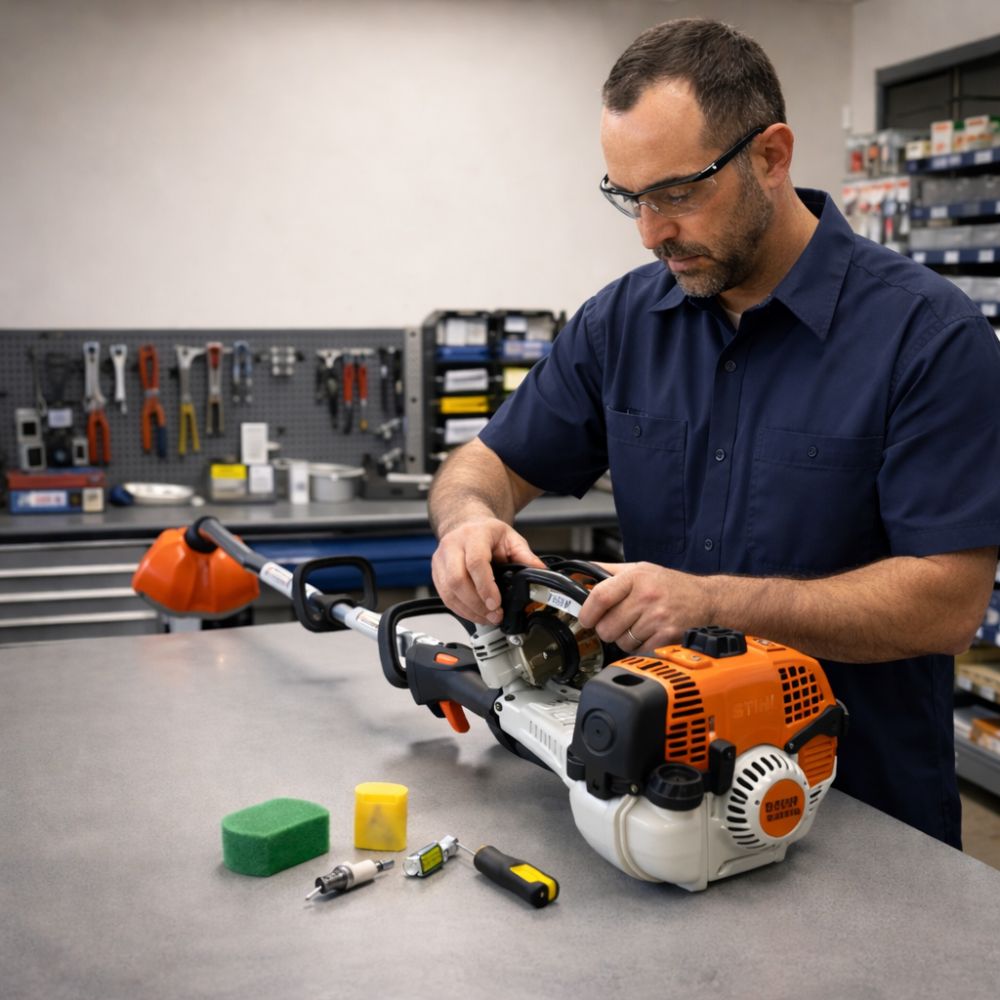 Professional technician performing spring maintenance on string trimmer at Seacoast Power Equipment service department in North Hampton NH