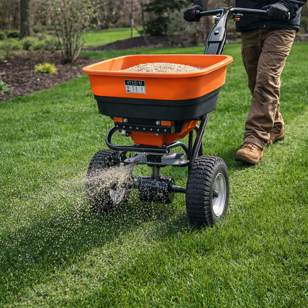 Commercial broadcast spreader applying pre-emergent herbicide on New Hampshire residential lawn with proper calibration