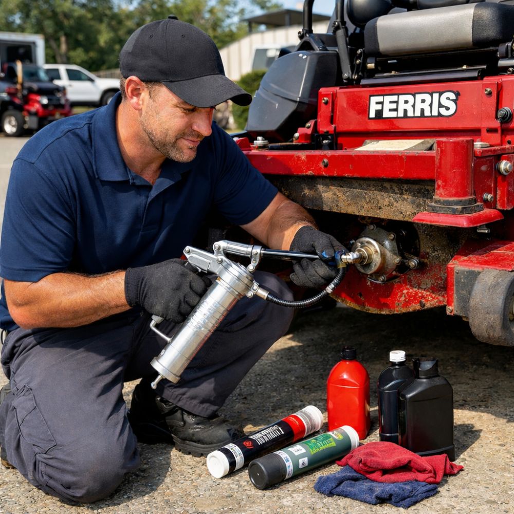Professional landscaper performing routine greasing maintenance on commercial zero-turn mower spindle bearings, showing proper grease gun technique at commercial facility