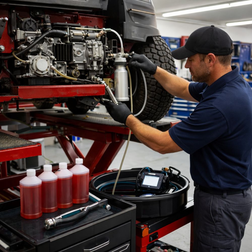 Commercial zero-turn mower transmission being serviced by professional technician using specialized fluid extraction equipment, showing proper hydrostatic maintenance procedure at service facility