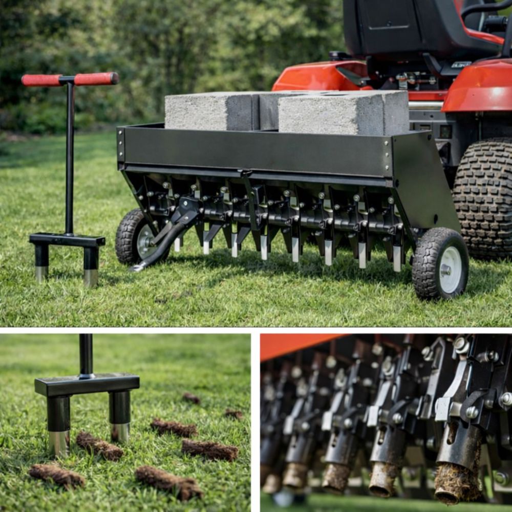 Range of lawn aeration equipment, including manual aerator, tow-behind core aerator, and riding mower setup