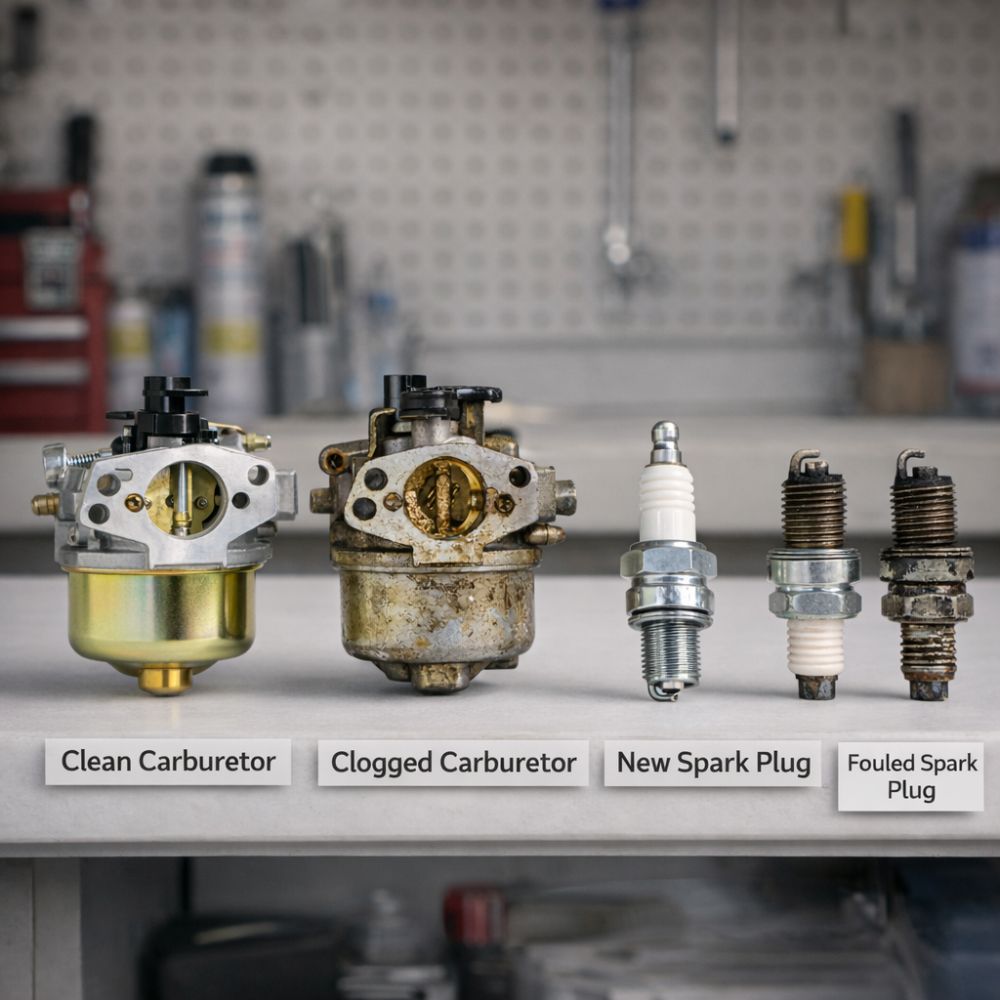 Side-by-side comparison showing clean versus clogged lawn mower carburetor and fouled versus new spark plug for spring diagnosis