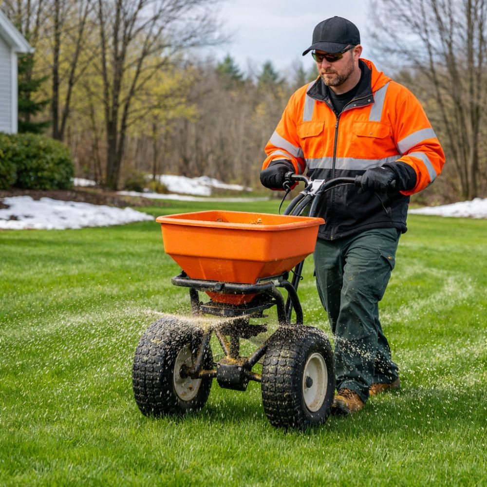 Landscaper applying pre-emergent herbicide treatment to residential lawn in New Hampshire spring conditions