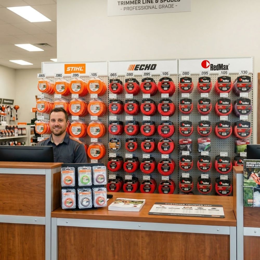 Seacoast Power Equipment parts counter showing organized trimmer line from Stihl, Echo, RedMax brands