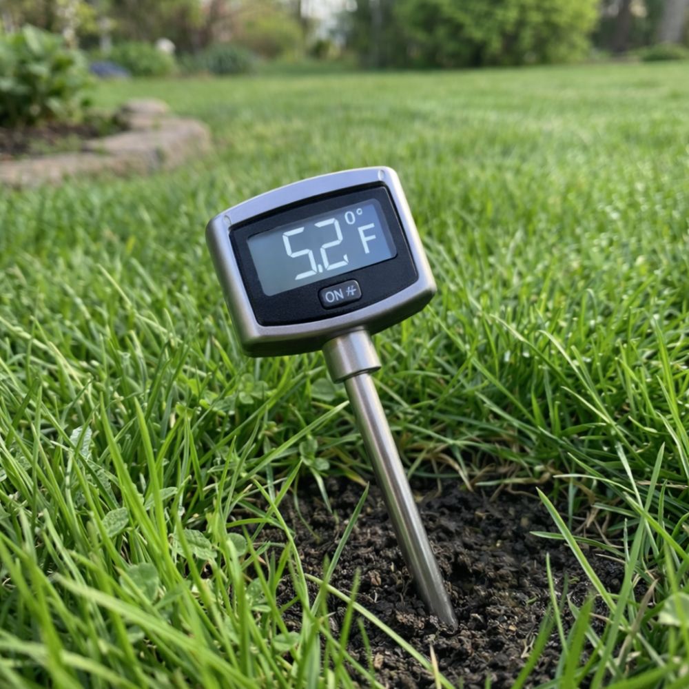 Professional soil thermometer measuring temperature in New Hampshire residential lawn during spring pre-emergent timing
