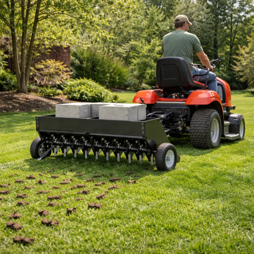 Tow-behind core aerator with weight tray attached to residential riding mower on New Hampshire lawn